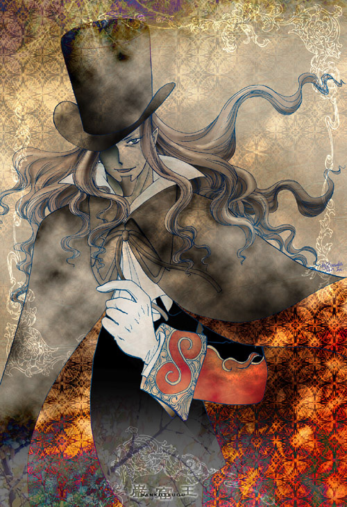 00s, 1boy, blue_eyes, cape, copyright_name, count_of_monte_cristo_(gankutsuou), dark-skinned_male, dark_skin, facial_hair, floating_hair, gankutsuou, gloves, goatee, hat, long_hair, looking_at_viewer, male_focus, neck_ribbon, patterned, popped_collar, ribbon, smirk, solo, top_hat, very_long_hair, yamada_emu, yamada_m