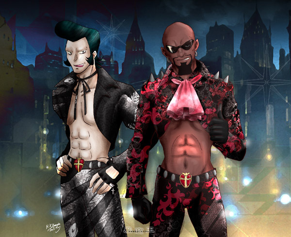 00s, 2boys, baptistin_(gankutsuou), bertuccio_(gankutsuou), gankutsuou, hands_on_own_hips, male_focus, midriff, multiple_boys, muscular, outdoors, shoulder_spikes, signature, sky, spikes, yamada_emu, yamada_m