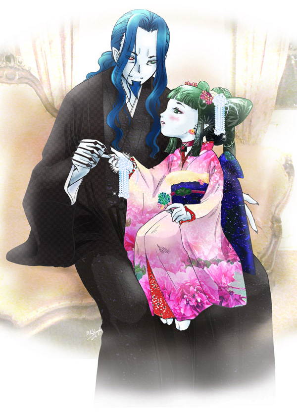 00s, 1boy, 1girl, aged_down, beard, blue_facial_hair, blue_hair, count_of_monte_cristo_(gankutsuou)