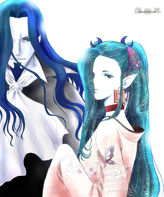 00s, 1boy, 1girl, ascot, beard, choker, closed_mouth, count_of_monte_cristo_(gankutsuou)