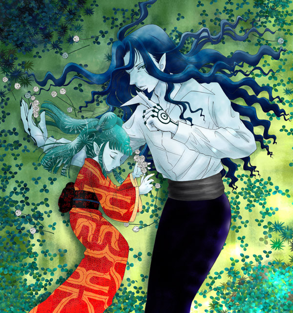 00s, 1boy, 1girl, blue_hair, count_of_monte_cristo_(gankutsuou), from_below, gankutsuou, green_hair, haydee_(gankutsuou), japanese_clothes, kimono, long_hair, long_sleeves, lying, obi, on_back, on_side, pale_skin, ponytail, profile, sash, sleeping, wide_sleeves, yamada_emu, yamada_m