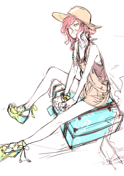 10s, 1girl, female_focus, official_art, red_hair, sketch, solo, souma_takiko