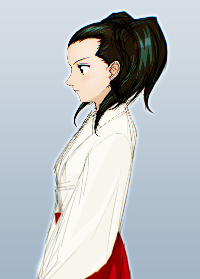 00s, 1girl, black_hair, brown_eyes, eyebrows, female_focus, from_side, gakuen_senki_muryou