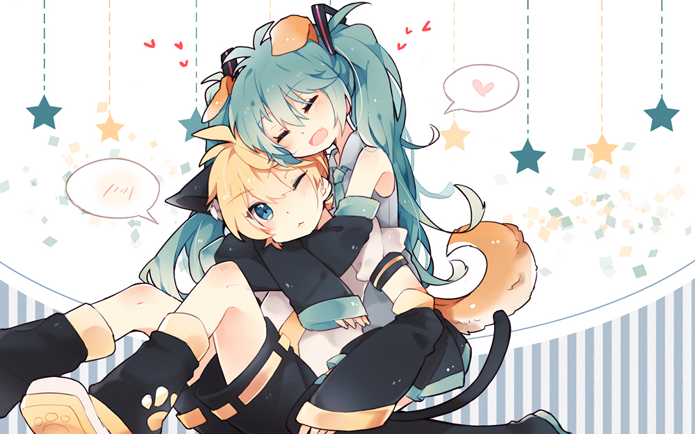 1boy, 1girl, :d, ;<, animal_ears, bare_shoulders, black_shorts, blonde_hair, blue_eyes, blush, boots, cat_boy, cat_ears, cat_tail, closed_eyes, commentary_request, detached_sleeves, dog_ears, dog_girl, dog_tail, fang, fuuko_(2679566944), green_hair, hair_ornament, hatsune_miku, heart, hetero, hug, hug_from_behind, kagamine_len, kemonomimi_mode, long_hair, messy_hair, necktie, one_eye_closed, open_mouth, paw_print, short_hair, short_sleeves, shorts, sitting, skirt, smile, spoken_blush, spoken_heart, star_(symbol), tail, thigh_boots, thighhighs, twintails, very_long_hair, vocaloid
