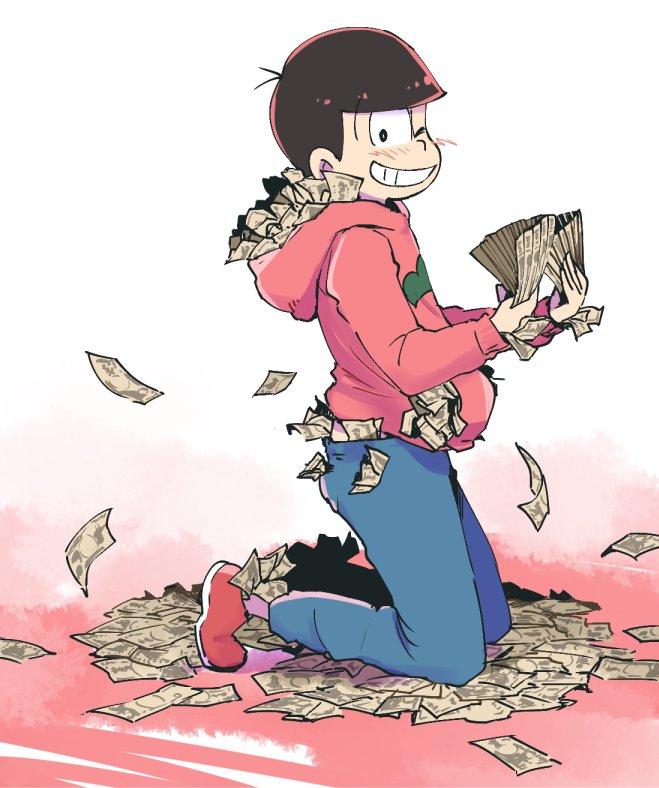 10s, 1boy, ;), bad_id, bad_twitter_id, black_hair, blush, bowl_cut, denim, gradient_background, hood, hood_basket, hoodie, itoda_(110da), jeans, kneeling, male_focus, matsuno_osomatsu, money, one_eye_closed, osomatsu-kun, osomatsu-san, osomatsu_(series), pants, simple_background, smile, solo