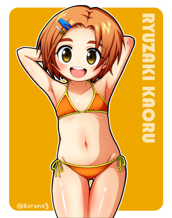 10s, 1girl, :d, bikini, brown_hair, eyebrows, female_focus, idolmaster