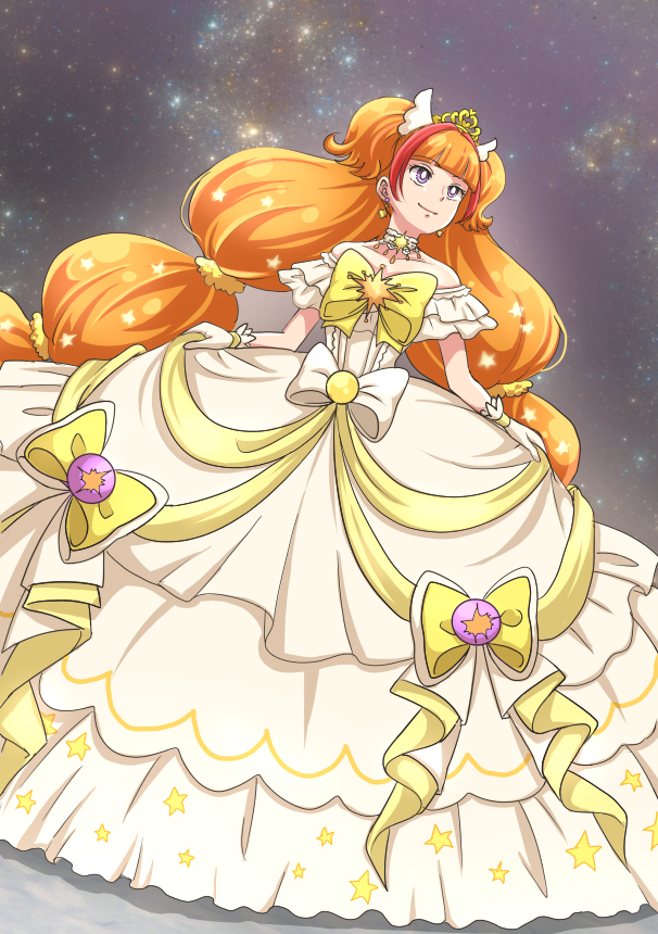 1girl, amanogawa_kirara, bare_shoulders, bow, brooch, brown_hair, choker, cure_twinkle, cure_twinkle_(dress_up_premium), dress, dress_bow, female_focus, frills, full_body, go!_princess_precure, hakushaku_reijo, jewelry, long_hair, low-tied_long_hair, magical_girl, mode_elegant_(go!_princess_precure), multicolored_hair, precure, purple_eyes, quad_tails, red_hair, smile, solo, star_(symbol), strapless, strapless_dress, streaked_hair, twintails, two-tone_hair, very_long_hair, waist_bow, white_bow, white_dress, yellow_bow
