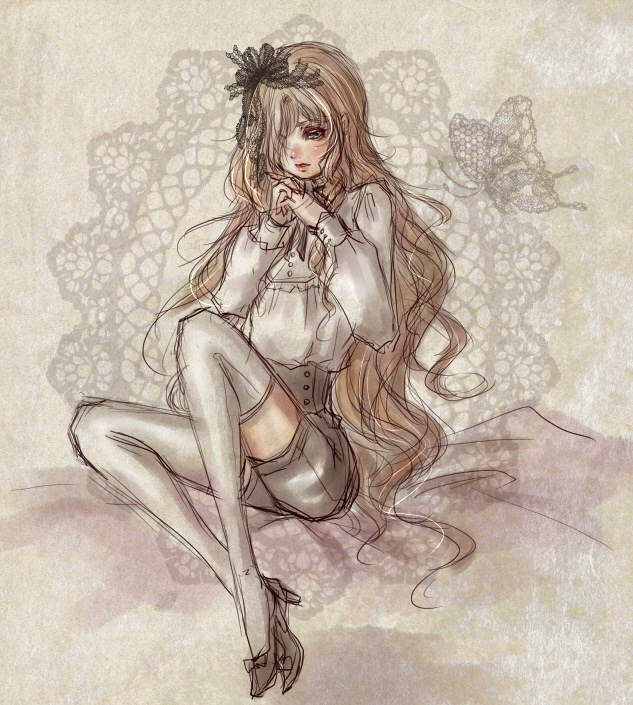 1boy, bad_id, bad_pixiv_id, blonde_hair, bug, butterfly, corset, doily