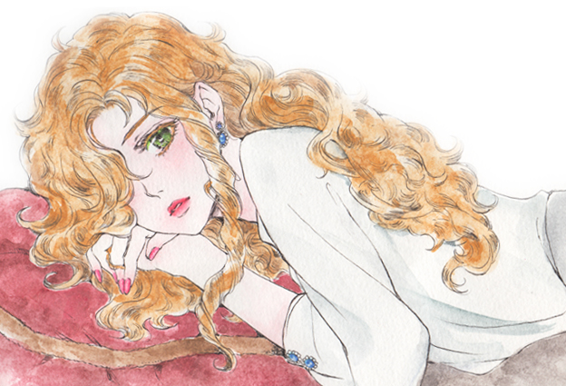 1boy, androgynous, blonde_hair, blouse, colored_eyelashes, curly_hair, drill_hair, earrings