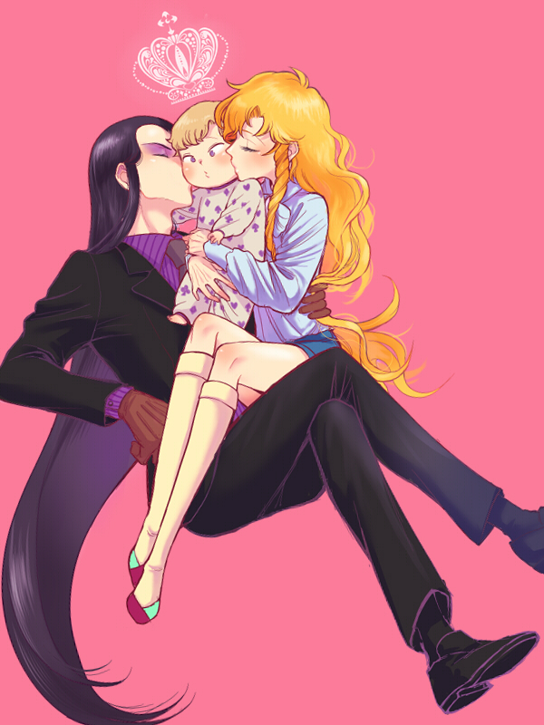 3boys, age_difference, black_hair, blonde_hair, boy_sandwich, brown_gloves, child, closed_eyes, crown, drill_hair, eyeshadow, family_bonding, formal_clothes, gloves, height_difference, jack_barbarosa_bancoran, kiss, kissing_cheek, kneehighs, long_hair, makeup, male_focus, maraich_juschenfe, multiple_boys, patalliro!, patalliro_du_malyner_viii, pink_background, sabota, sandwiched, simple_background, sitting, socks, trap, very_long_hair, yaoi, yellow_legwear