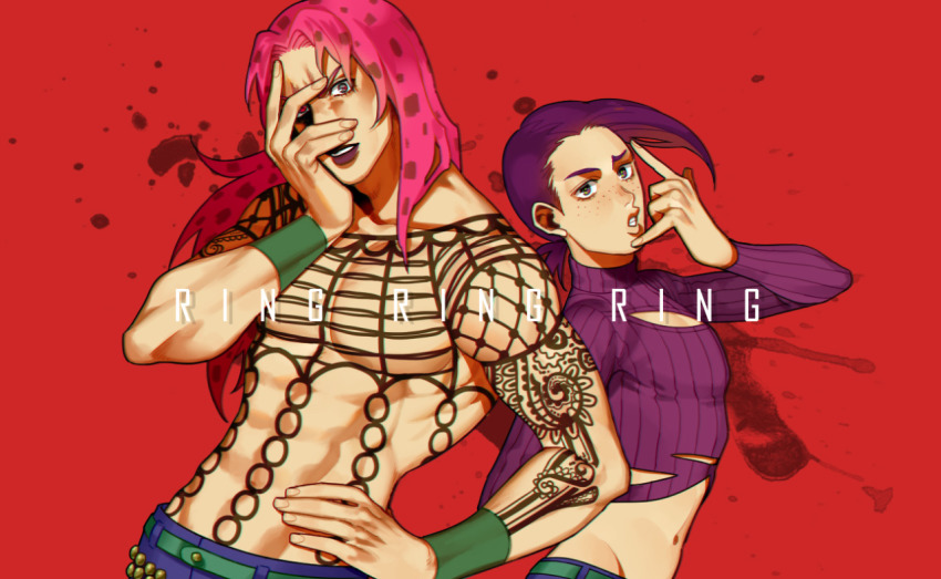 2boys, abs, diavolo, fishnets, groin, hand_on_own_hip, hand_on_own_face, heterochromia