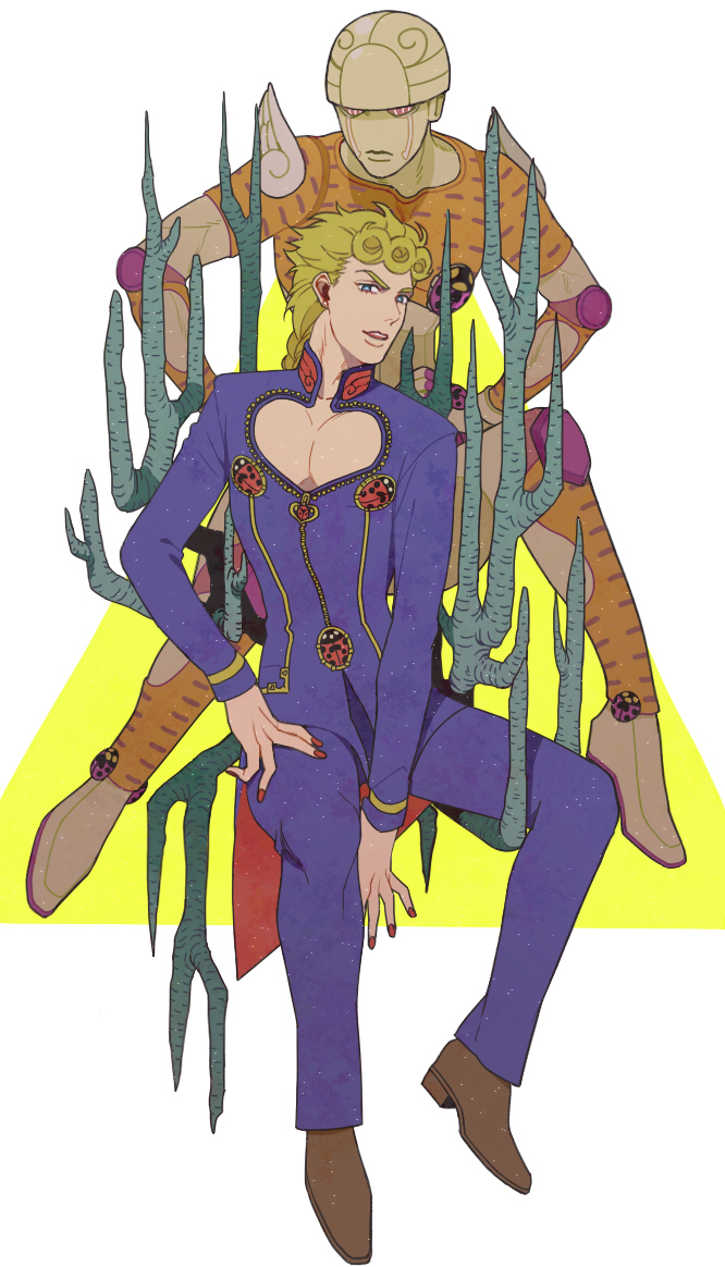 1boy, blonde_hair, blue_eyes, braid, bug, full_body, giorno_giovanna, gold_experience