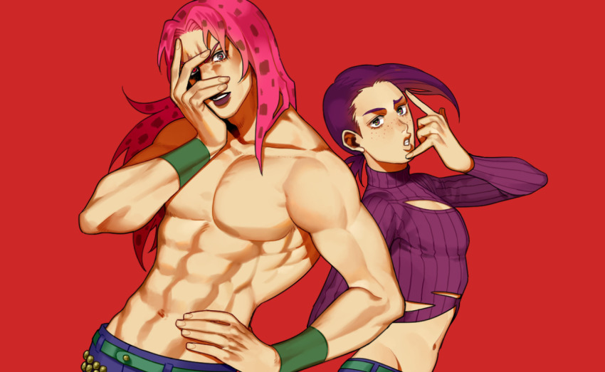 2boys, abs, diavolo, groin, hand_on_own_hip, hand_on_own_face, heterochromia, jojo_no_kimyou_na_bouken, lipstick, long_hair, makeup, male_focus, midriff, multiple_boys, muscular, nashi_y, nashinachipmunk, pink_hair, purple_hair, purple_lips, red_eyes, ribbed_sweater, topless_male, sweater, vinegar_doppio, wristband