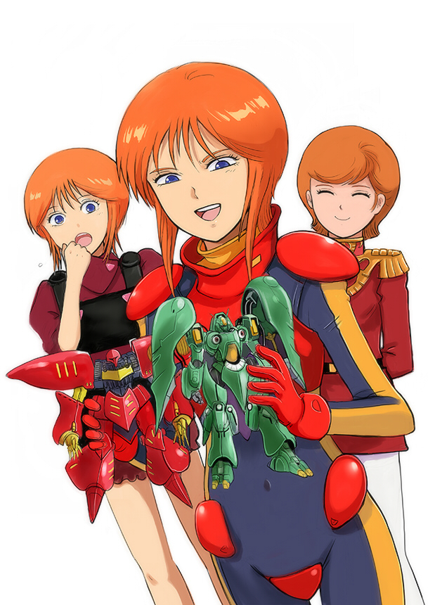 3girls, arms_behind_back, brown_hair, closed_eyes, codpiece, elpeo_puru, epaulettes, gacha-m