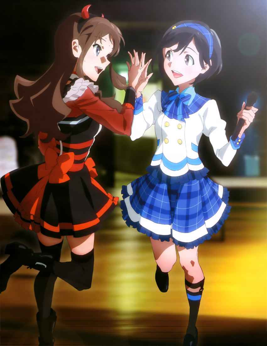 10s, 2girls, absurdres, black_legwear, blue_eyes, brown_hair, hairband, highres, horns, i-1_club, iwasaki_shiho, long_hair, microphone, multiple_girls, non-web_source, official_art, open_mouth, short_hair, socks, takashina_rika, thighhighs, wake_up_girls!, wake_up_girls!_beyond_the_bottom