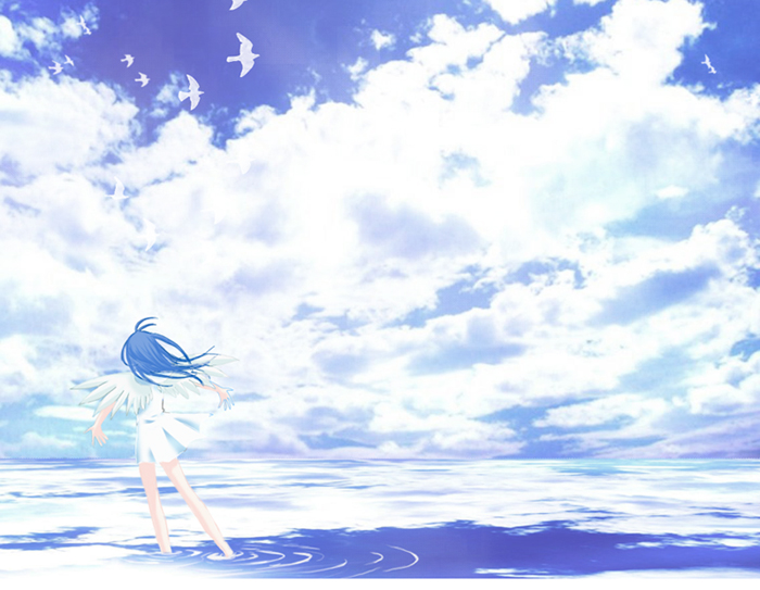 1girl, angel, angel_wings, bird, blue_hair, blue_sky, blue_theme, cloud, commentary_request, day, dress, female_focus, from_behind, horizon, ko_(tumugikou), long_hair, original, outstretched_arms, reflection, ripples, scenery, short_dress, sky, solo, sunlight, wading, white_dress, wind, wings