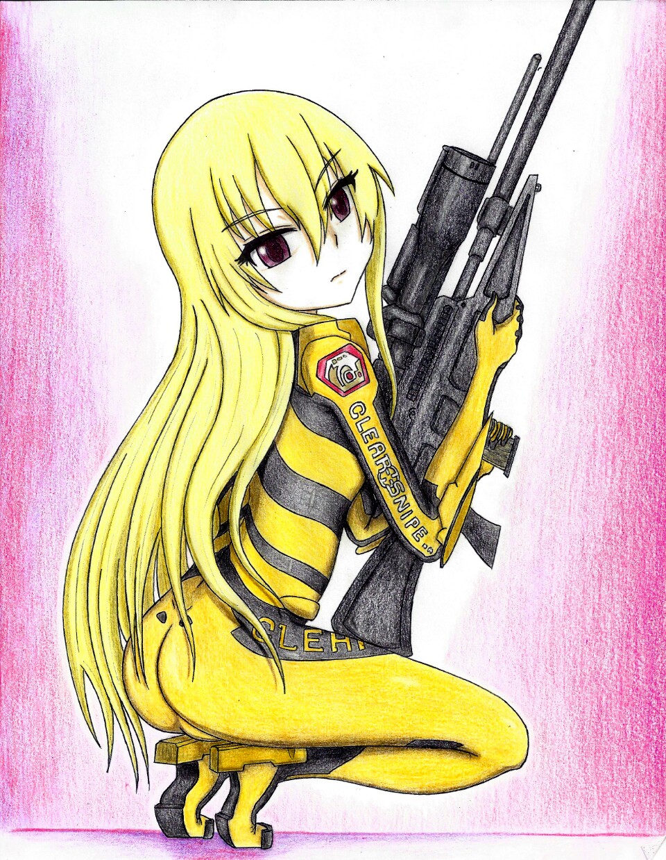 10s, 1girl, ass, assault_rifle, blonde_hair, breasts, brown_eyes, clothes_writing