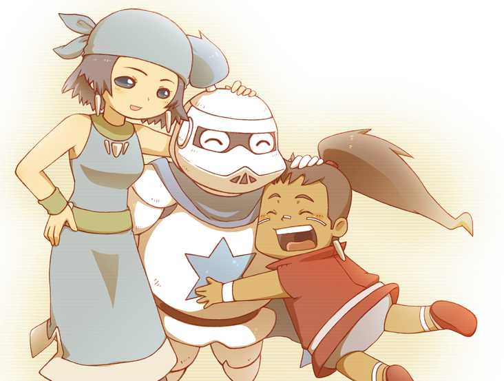 1girl, 2boys, armor, cape, earrings, family, father_and_child, father_and_son