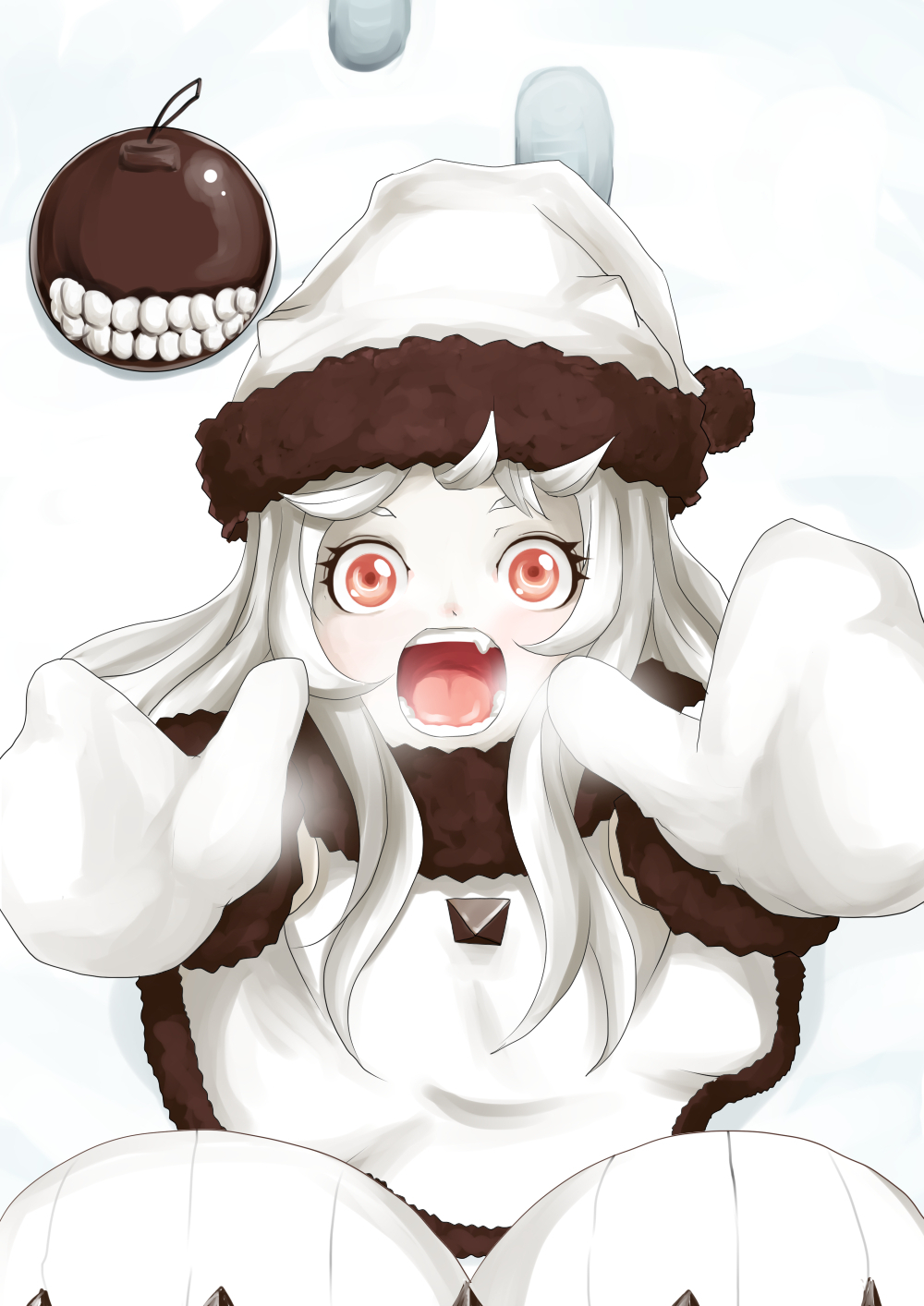 10s, 2girls, abyssal_ship, arms_up, colored_skin, commentary_request, enemy_aircraft_(kancolle), fang