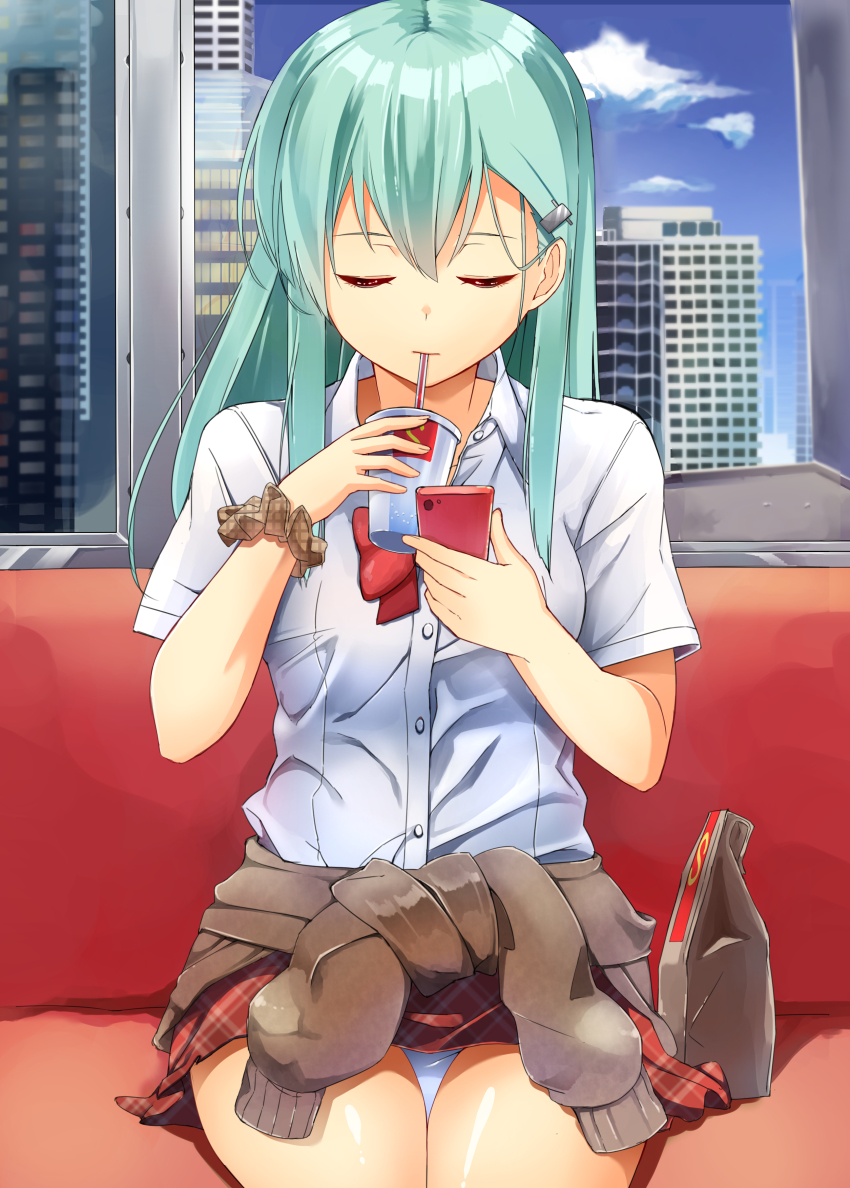 10s, 1girl, absurdres, alternate_costume, aqua_eyes, bag, brand_name_imitation, byte_(allbyte), cellphone, closed_eyes, clothes_around_waist, dress_shirt, drinking, drinking_straw, fast_food, female_focus, hair_ornament, hairclip, highres, kantai_collection, long_hair, panties, pantyshot, paper_bag, phone, plaid_clothes, plaid_scrunchie, plaid_skirt, ribbon, school_uniform, scrunchie, shirt, shizuka_(deatennsi), sitting, skirt, smartphone, solo, suzuya_(kancolle), sweater, sweater_around_waist, train, train_interior, underwear, white_panties, wrist_scrunchie