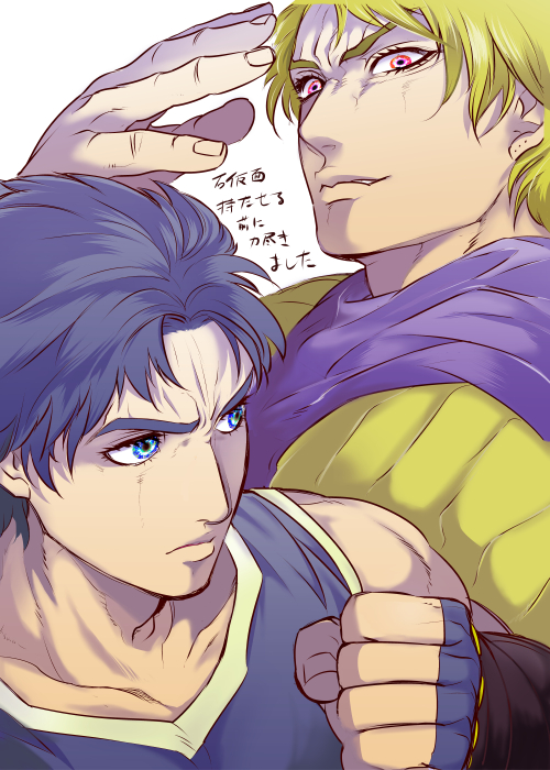 2boys, bad_id, bad_pixiv_id, blonde_hair, blue_eyes, blue_hair, dio_brando, fingerless_gloves