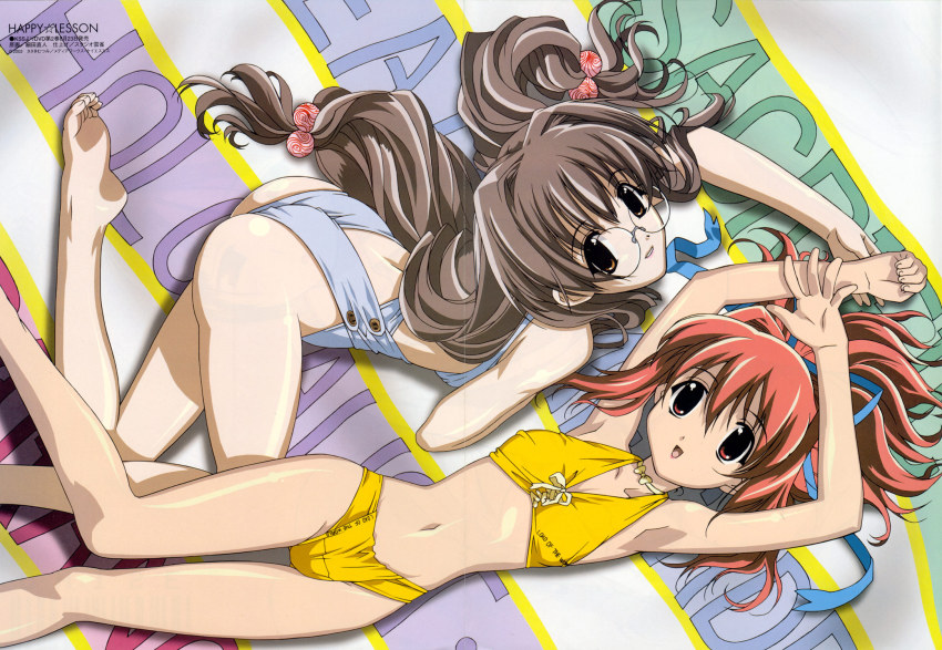 00s, 2girls, arms_up, ass, barefoot, bikini, blue_one-piece_swimsuit, brown_eyes