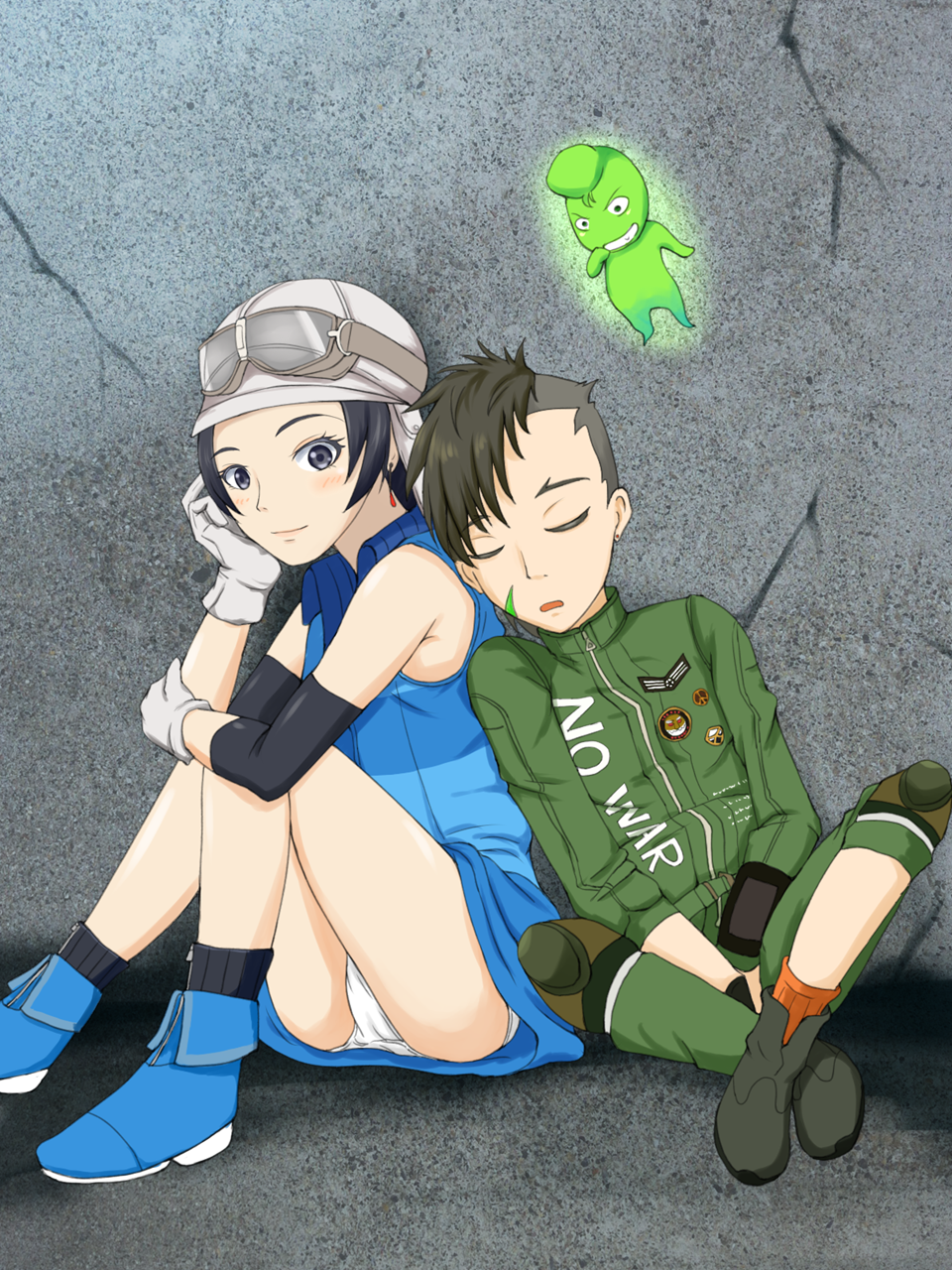 1girl, 2boys, asahi_(megami_tensei), ghost, goggles, goggles_on_head, goggles_on_headwear, highres