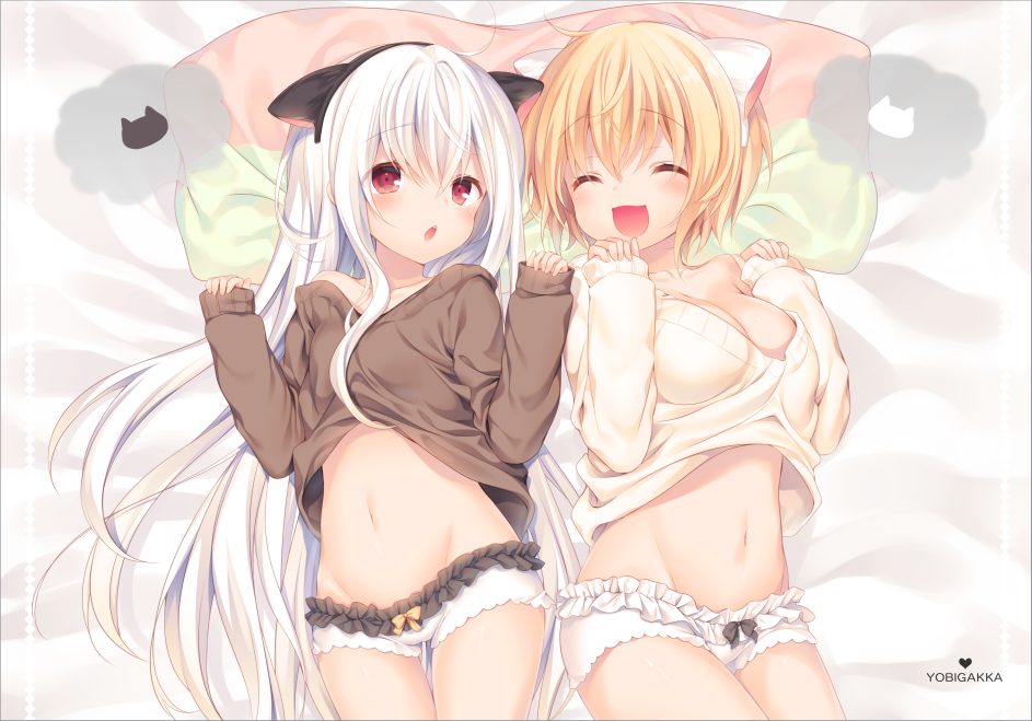2girls, :d, :o, ^_^, ahoge, ameko_(komeshiro_kasu), animal_ears, bare_shoulders, bed_sheet, blush, bow, breasts, cat_ears, cleavage, collarbone, copyright_request, cowboy_shot, closed_eyes, fake_animal_ears, frilled_shorts, frills, groin, hair_between_eyes, hairband, heart, kasako_(komeshiro_kasu), komeshiro_kasu, large_breasts, looking_at_viewer, lying, multiple_girls, navel, off_shoulder, on_back, on_bed, open_mouth, original, paw_pose, pillow, red_eyes, short_shorts, shorts, silver_hair, smile, sweater, yellow_bow