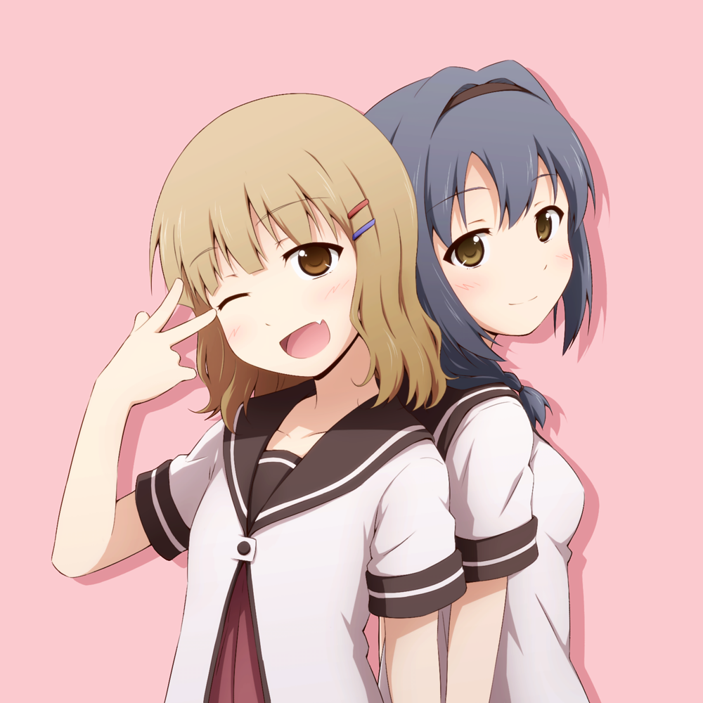 2girls, ;d, back-to-back, blonde_hair, blue_hair, brown_eyes, candy_apricot_(ymmryso), fang