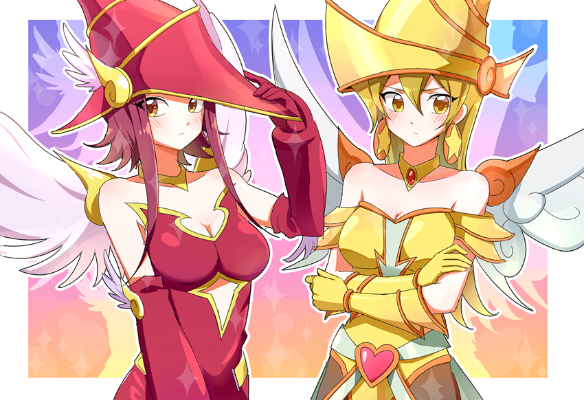 2girls, apple_magician_girl, apple_magician_girl_(cosplay), bad_id, bad_pixiv_id, bare_shoulders, blonde_hair, blush, breasts, brown_eyes, choker, cleavage, collarbone, cosplay, crossed_arms, duel_monster, earrings, gloves, gradient_background, hat, izayoi_aki, jewelry, joman, large_breasts, lemon_magician_girl, lemon_magician_girl_(cosplay), leotard, long_hair, looking_away, multiple_girls, red_hair, short_hair, tenjouin_asuka, wings, yellow_eyes, yellow_hat, yu-gi-oh!, yu-gi-oh!_5d's, yu-gi-oh!_gx