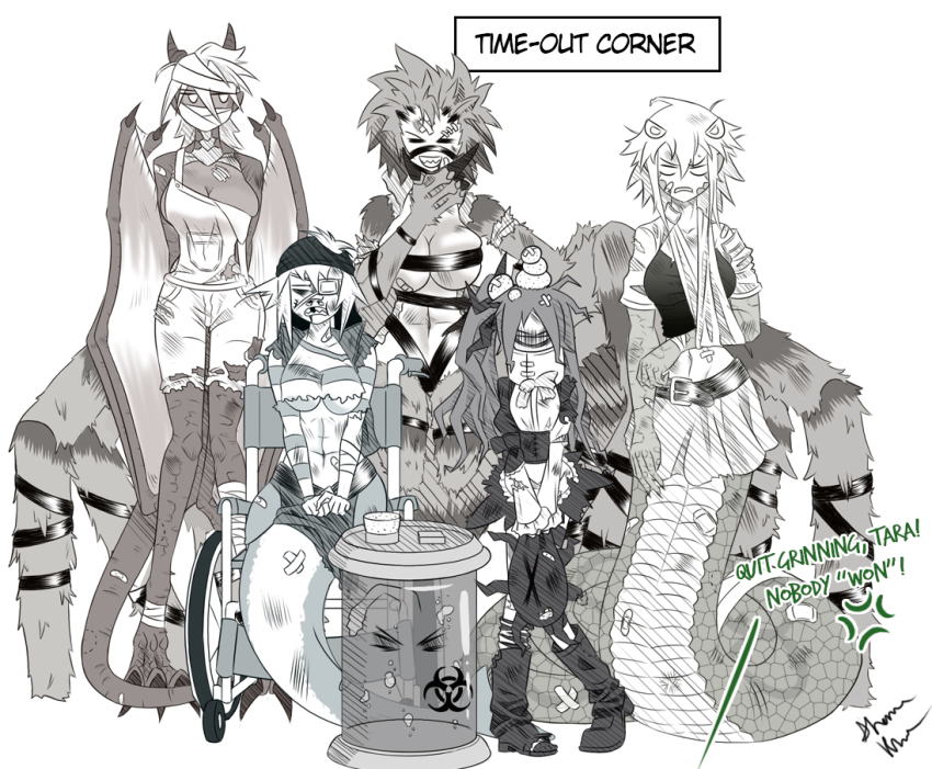 10s, 6+girls, abs, arachne, arm_sling, arthropod_girl, backbeard_(monster_musume), bandaged_arm