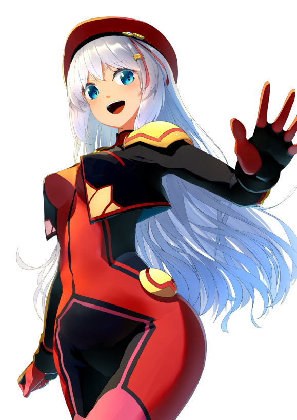 1girl, :d, aqua_eyes, armor, beret, blue_eyes, blush, bodysuit, breasts, clenched_hand, cowboy_shot, crop_top, faulds, female_focus, from_side, gloves, gundam, gundam_exa, gundam_extreme_vs._maxi_boost, hair_ornament, hairclip, happy, hat, hat_ribbon, hip_focus, long_hair, looking_at_viewer, mobile_suit_gundam:_extreme_vs_maxi_boost, open_clothes, open_mouth, pilot_suit, red_ribbon, ribbon, silver_hair, simple_background, small_breasts, smile, solo, sthesia_awar_acht, touboku, turtleneck, very_long_hair, white_background