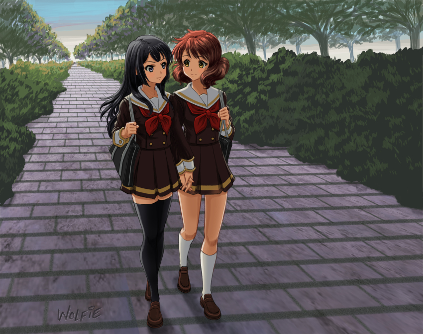 10s, 2girls, absurdres, bag, bare_legs, black_hair, black_socks, blue_eyes