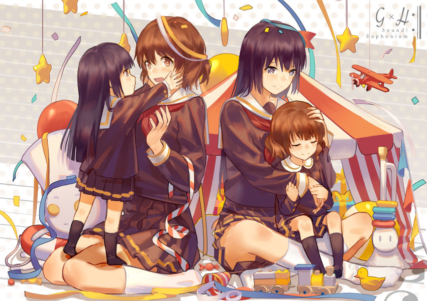 10s, 2girls, :o, blue_eyes, blush, brown_hair, brown_skirt, child, circus, closed_eyes, confetti, copyright_name, hands_on_another's_cheeks, hands_on_another's_face, head, hibike!_euphonium, highres, hug, if_they_mated, indian_style, instrument, kneehighs, kousaka_reina, long_hair, long_sleeves, mother_and_child, mother_and_daughter, multiple_girls, neckerchief, norizc, oumae_kumiko, parent_and_child, party_popper, pleated_skirt, red_neckerchief, school_uniform, serafuku, short_hair, sitting, sitting_on_lap, sitting_on_person, skirt, smile, socks, standing_on_person, streamers, striped, surprised, tent, toy, toy_airplane, toy_train, trumpet, tuba-kun, wavy_hair, yuri