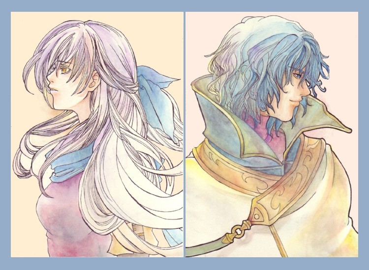 1boy, 1girl, bare_shoulders, blue_hair, blue_scarf, colored_pencil_(medium), come-sta, dress