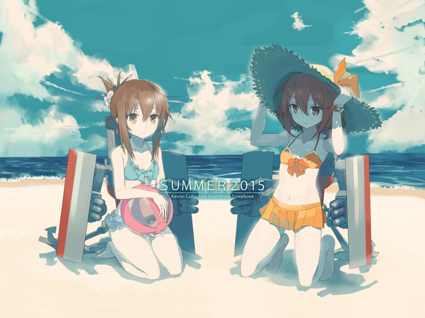10s, 2girls, adjusting_clothes, adjusting_headwear, anchor, ball, beach, beachball