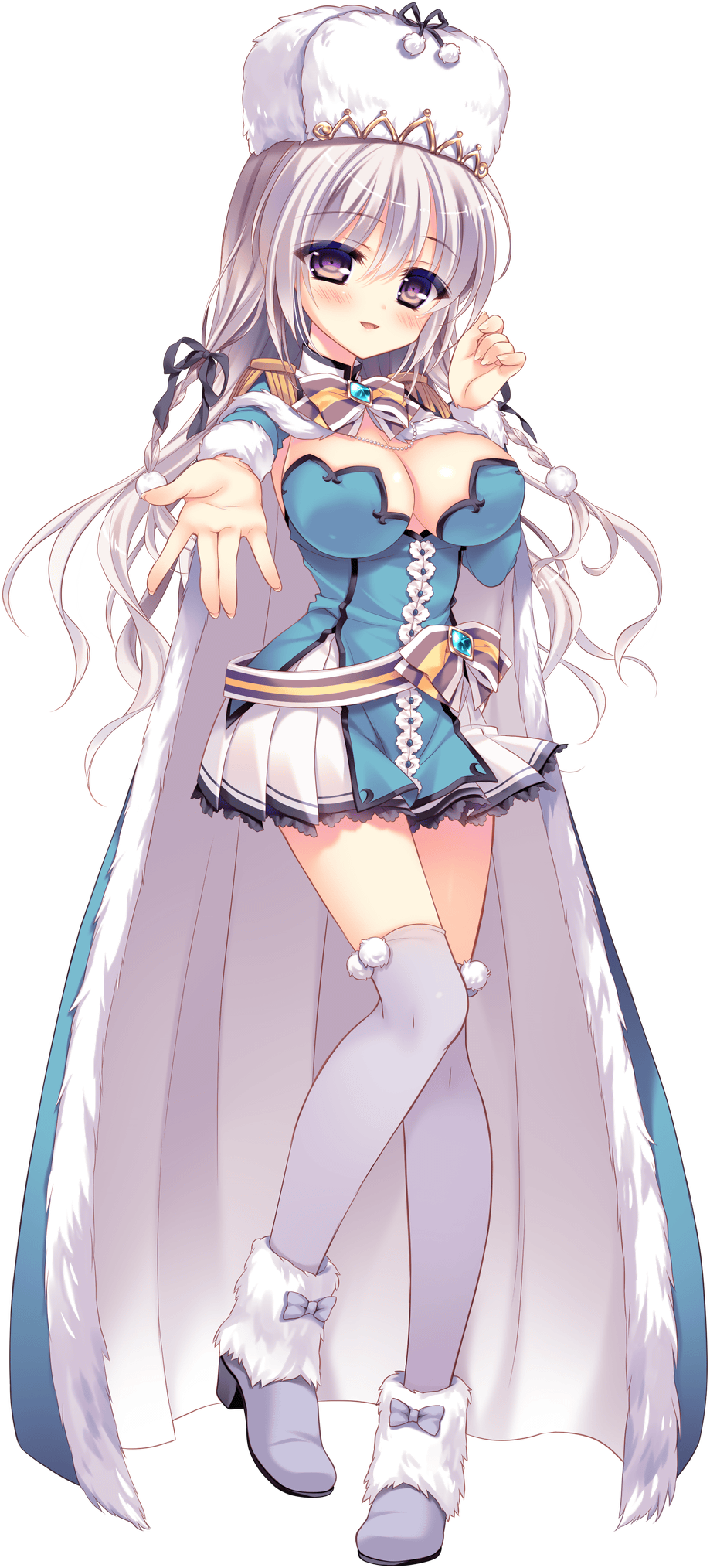 1girl, anastasia_imperator_erland, blush, breasts, cape, cleavage, female_focus, full_body, game_cg, hat, highres, large_breasts, long_hair, looking_at_viewer, love_love_princess, pleated_skirt, purple_eyes, silver_hair, simple_background, skirt, solo, thighhighs, transparent_background, very_long_hair, white_background, wori, zettai_ryouiki