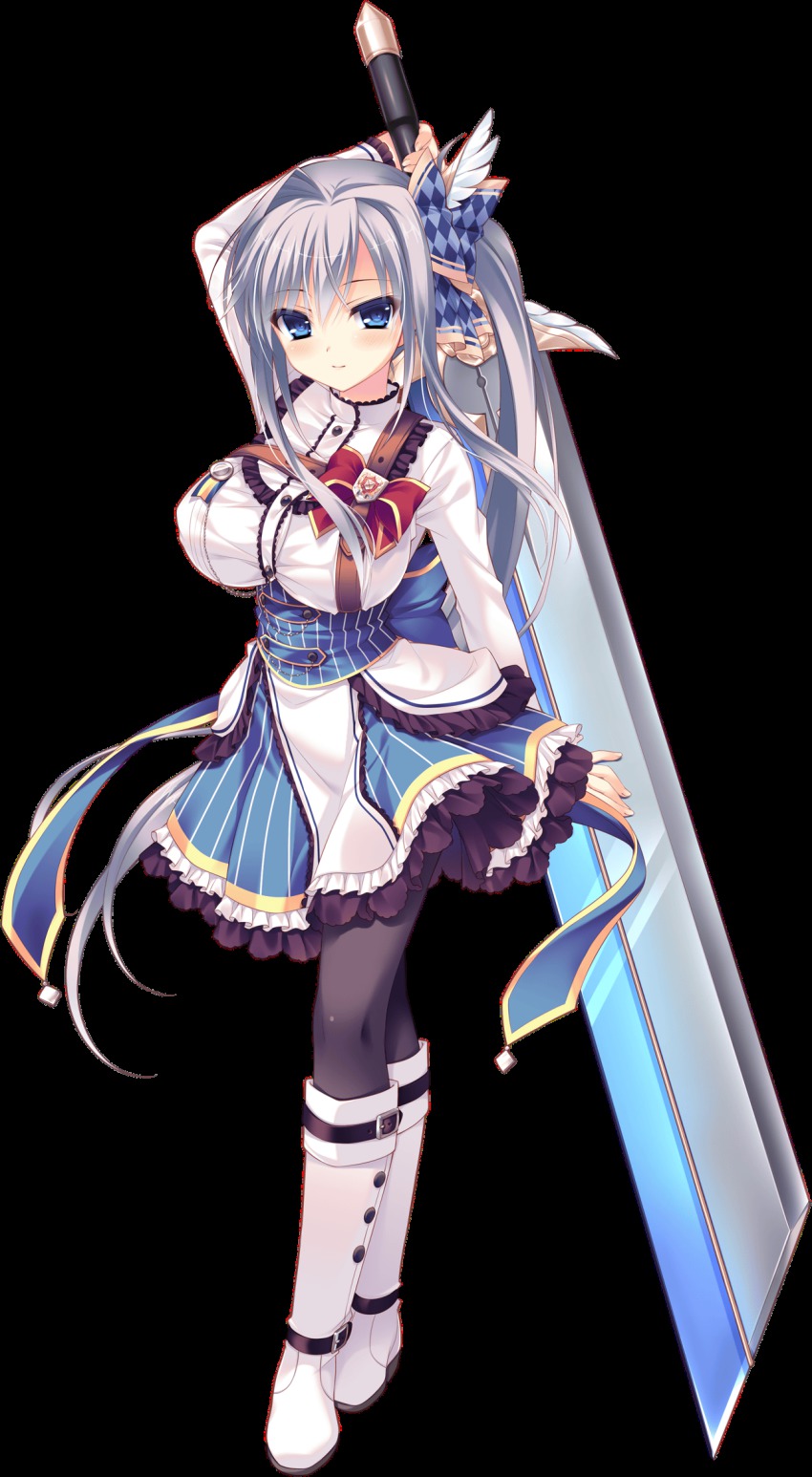 1girl, blue_eyes, blush, boots, breasts, cecilia_highland, dress, female_focus