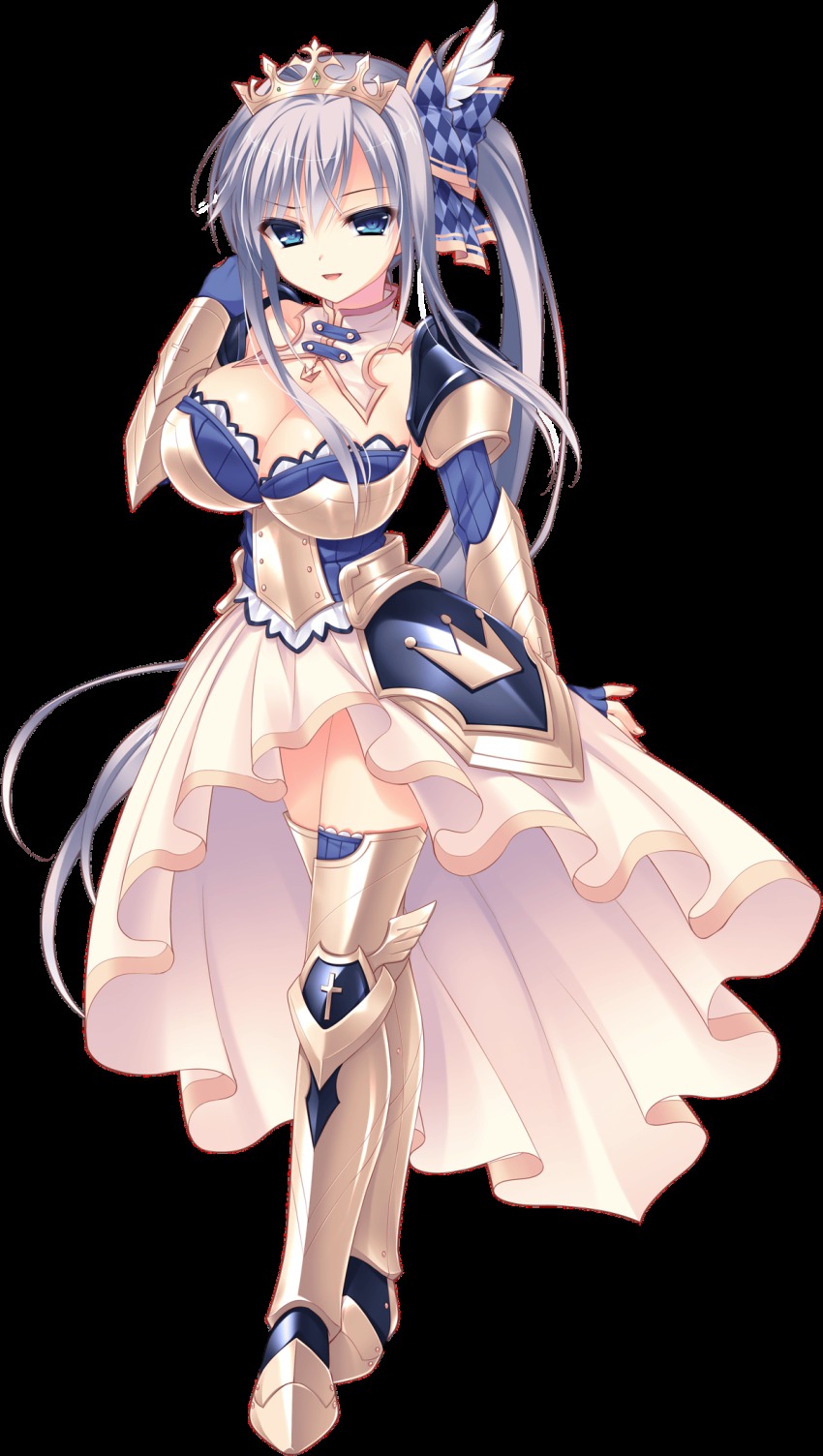 1girl, armor, blue_eyes, breasts, bridal_gauntlets, cecilia_highland, cleavage, crown
