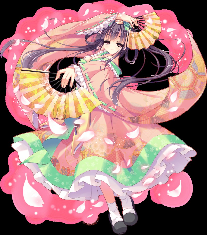 1girl, black_hair, brown_eyes, female_focus, folding_fan, full_body, game_cg, hair_ornament