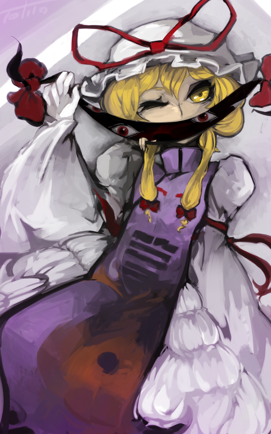 1girl, arm_ribbon, artist_name, blonde_hair, bow, covering_own_mouth, dress, female_focus