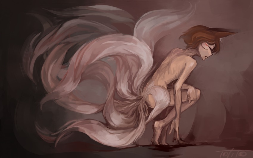 1girl, alternate_hair_color, animal_ears, artist_name, back, barefoot, brown_hair, closed_eyes