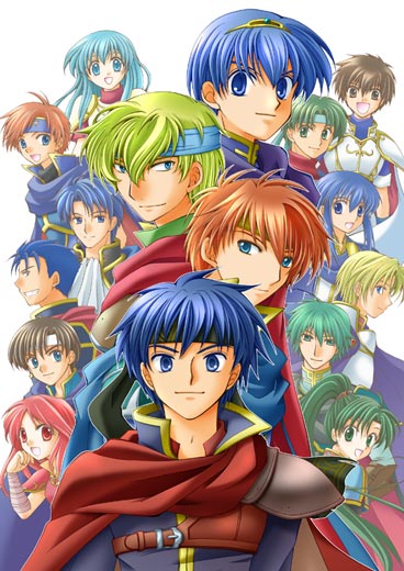 3girls, 6+boys, alm_(fire_emblem), blonde_hair, blue_eyes, blue_hair, brown_hair, cape