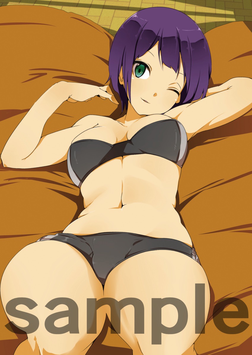 1girl, araki_rena, bebebe_(pepegakii), bikini, blush, breasts, cleavage, female_focus, green_eyes, highres, large_breasts, looking_at_viewer, one_eye_closed, purple_hair, short_hair, smile, solo, swimsuit, tokyo_7th_sisters