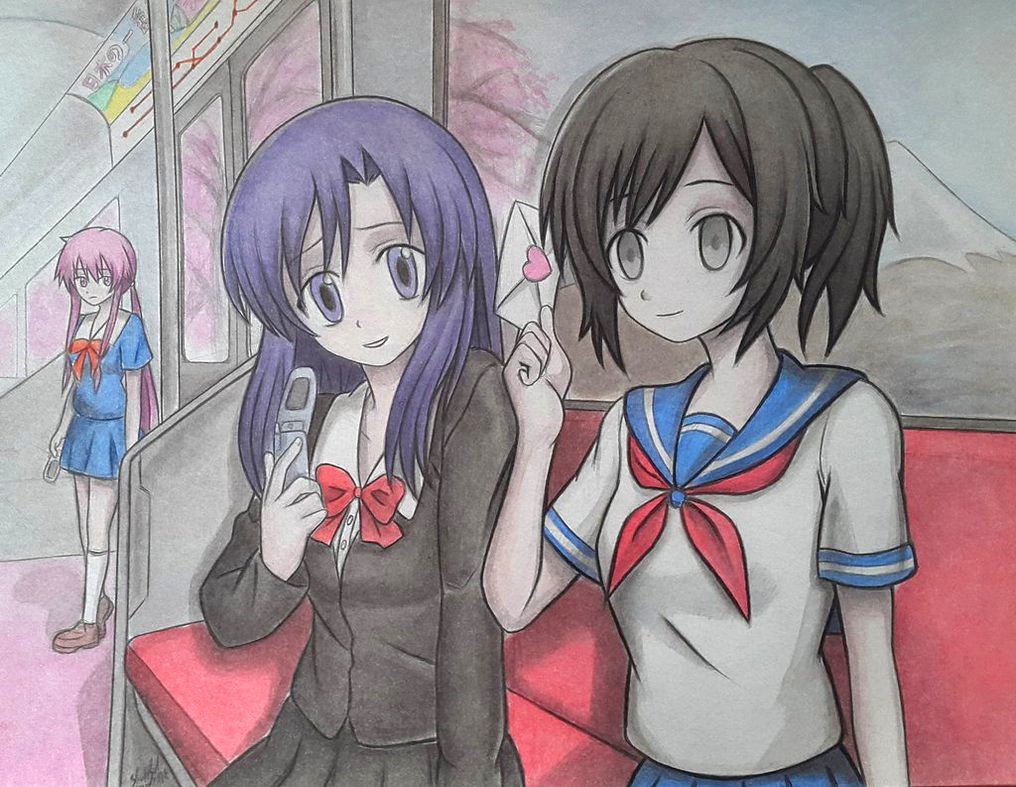 00s, 3girls, ayano_aishi, bad_anatomy, black_hair, cherry_blossoms, crossover, gasai_yuno