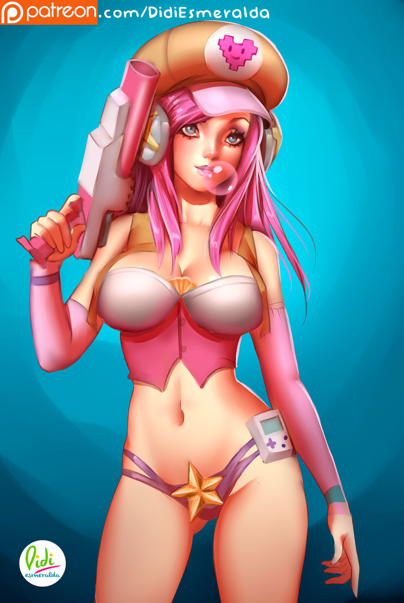 1girl, adapted_costume, alternate_costume, alternate_hair_color, arcade_(league_of_legends), blowing_bubbles, breasts, chewing_gum