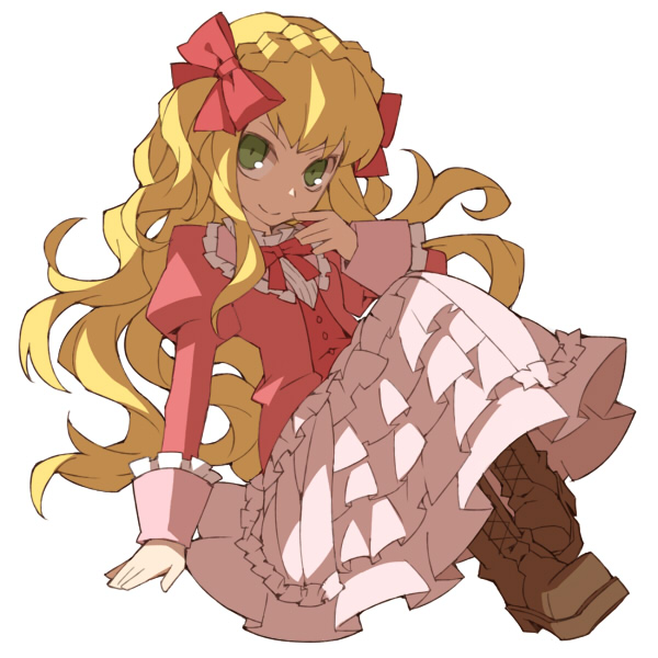 1girl, blonde_hair, blouse, bokujou_monogatari, bokujou_monogatari:_tsunagaru_shin_tenchi, bow, bowtie, braid, buttons, elise_(bokujou_monogatari), female_focus, finger_to_mouth, frilled_skirt, frills, green_eyes, hair_ribbon, harvest_moon, hobohochi, long_hair, long_sleeves, looking_at_viewer, red_bow, ribbon, shirt, simple_background, single_braid, skirt, smile, solo, very_long_hair, white_background, white_skirt, wrist_cuffs