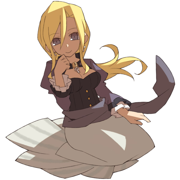 1girl, blonde_hair, blue_eyes, bokujou_monogatari, bokujou_monogatari:_tsunagaru_shin_tenchi, buttons, choker, closed_eyes, female_focus, frilled_sleeves, frills, hair_between_eyes, hand_on_own_cheek, hand_on_own_face, harvest_moon, hobohochi, iris_(bokujou_monogatari_tst), key, long_hair, long_sleeves, seiza, simple_background, sitting, smile, solo, white_background