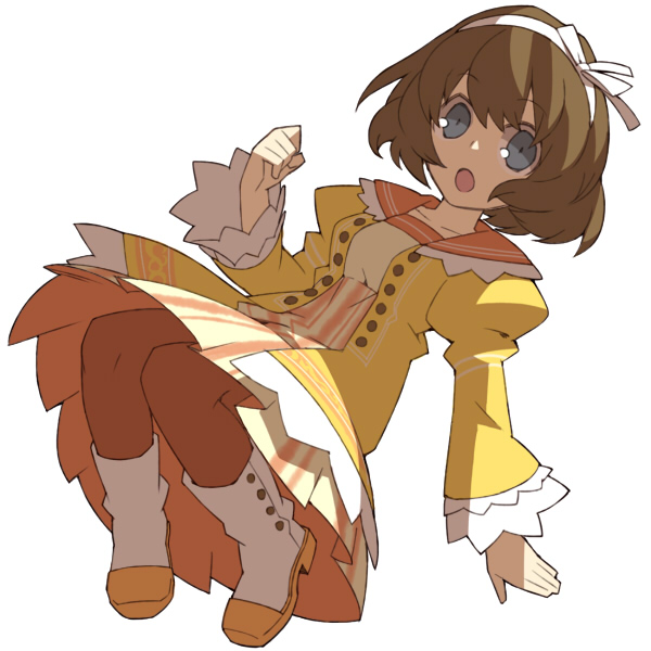 1girl, :o, blue_eyes, bokujou_monogatari, bokujou_monogatari:_tsunagaru_shin_tenchi, boots, brown_hair, buttons