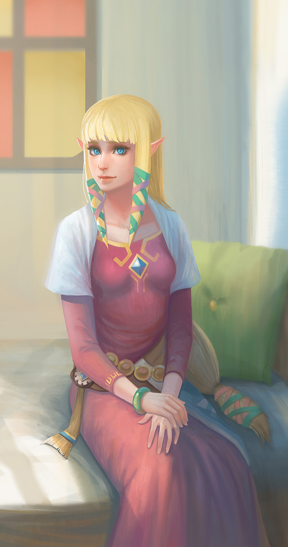 1girl, blonde_hair, blue_eyes, female_focus, looking_at_viewer, nintendo, pillow, pointy_ears